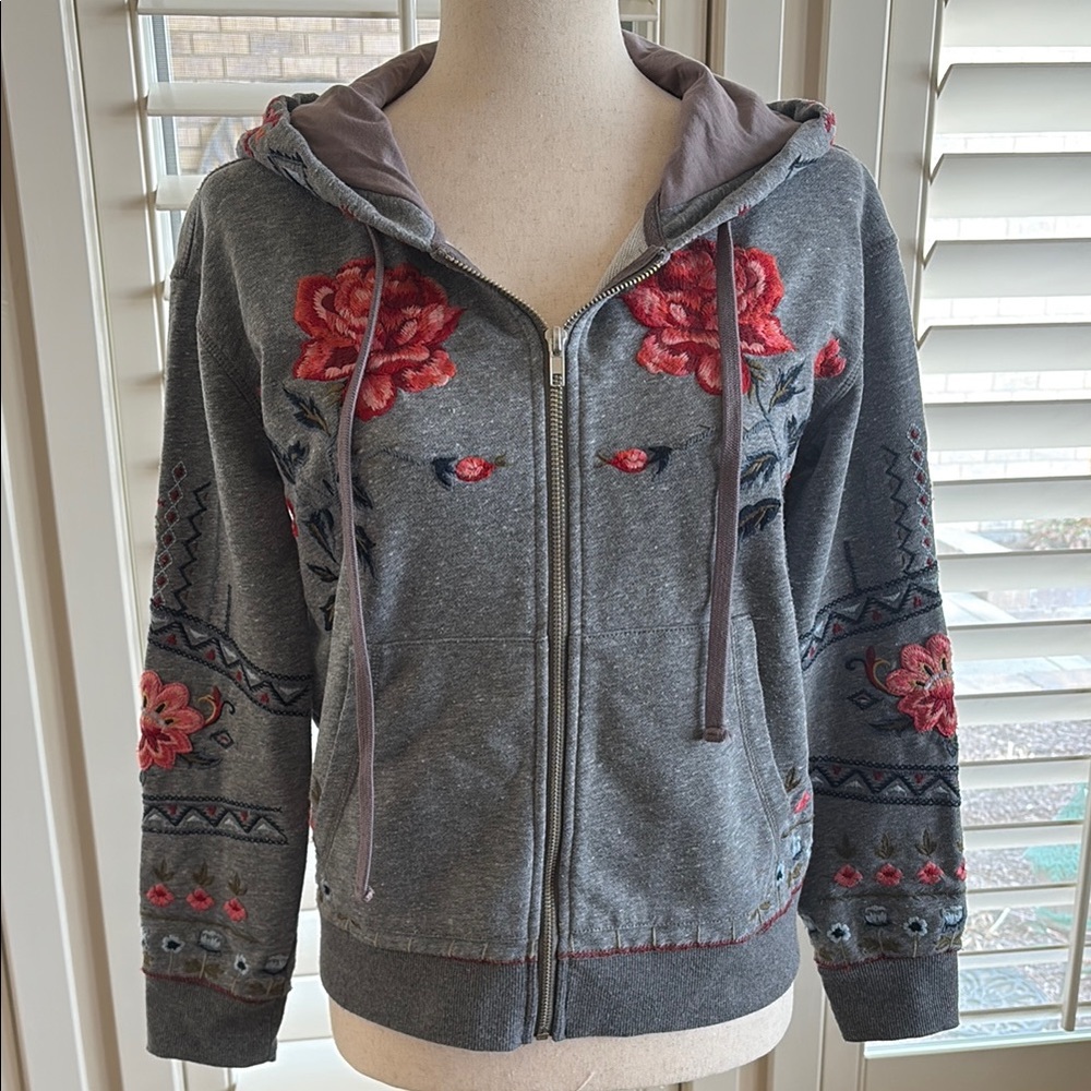 Gray Floral Embroidered Hoodie